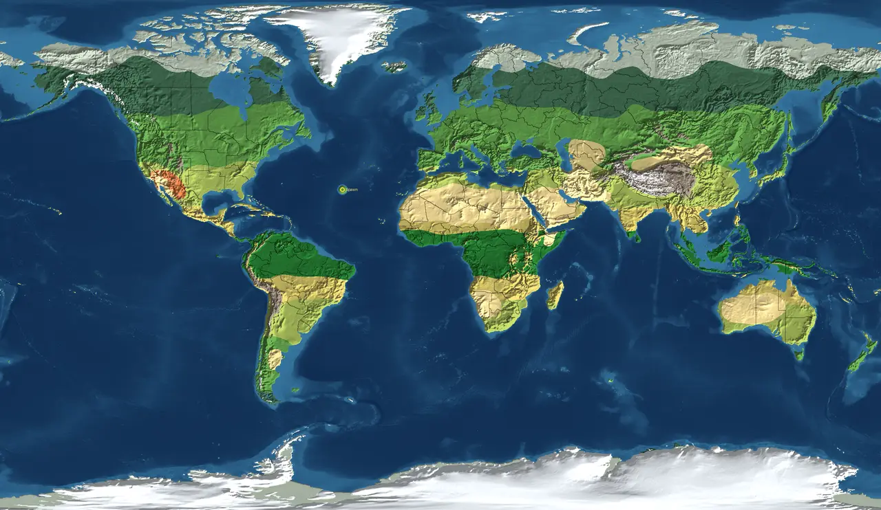 La carte de la Terre telle que le serveur la génère : océans, forêts, déserts, montagnes et glaces.