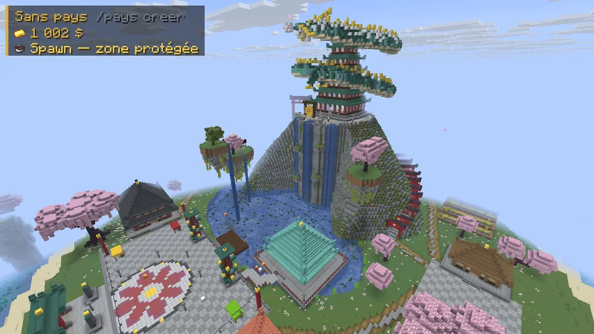 Le spawn de Terra Bellum : une île de l'Atlantique avec des cerisiers en fleurs, un pavillon et une cascade.